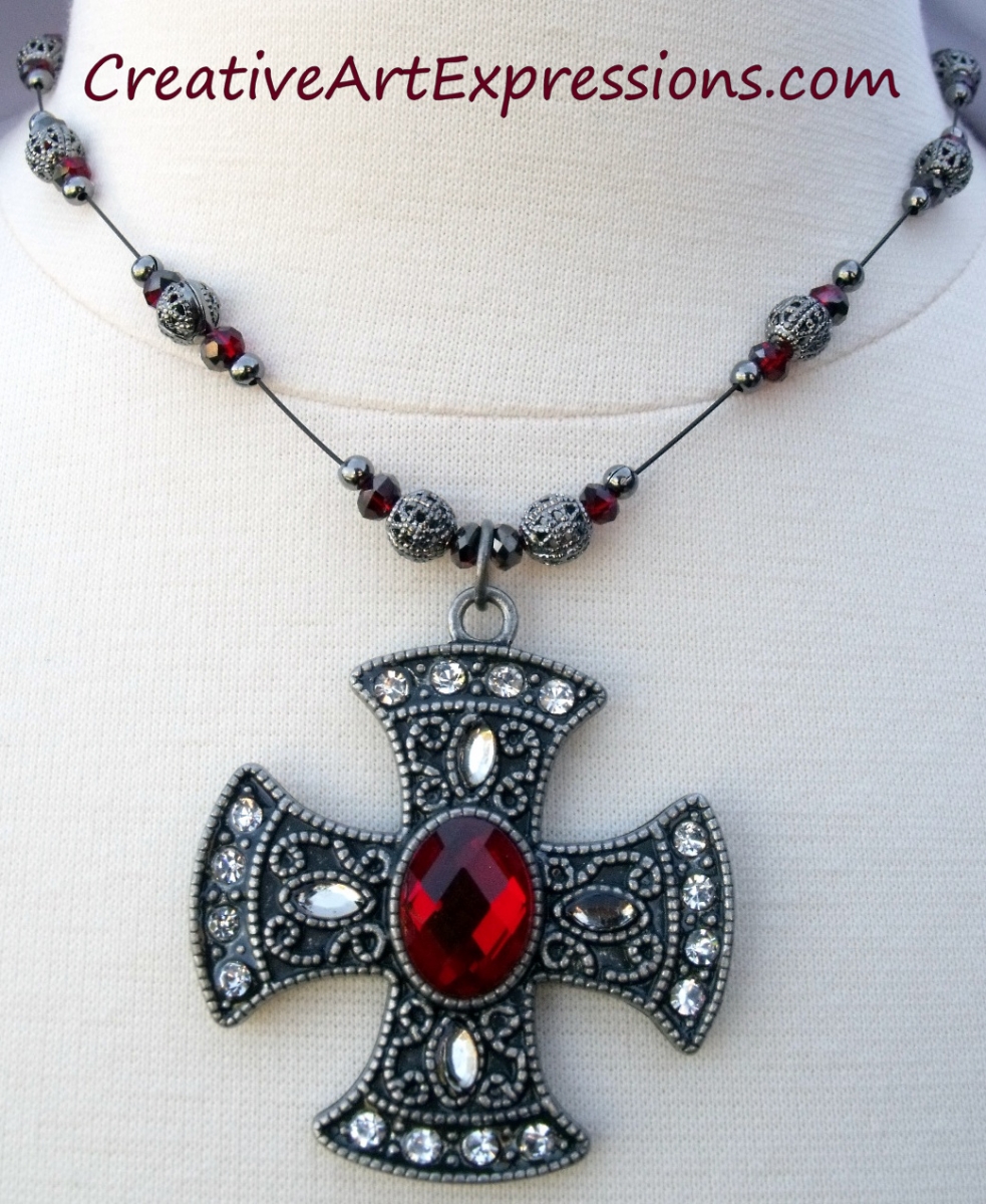 Creative Art Expressions Handmade Black Antique Silver & Red Greek Cross Necklace Jewelry Design